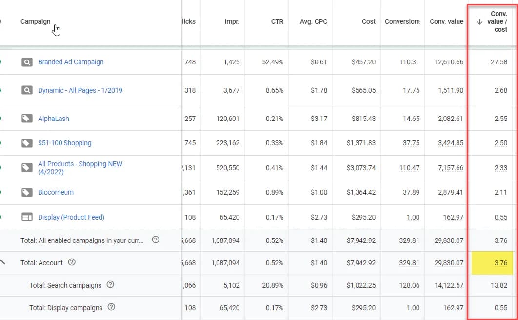 Google Ads conversion value screenshot