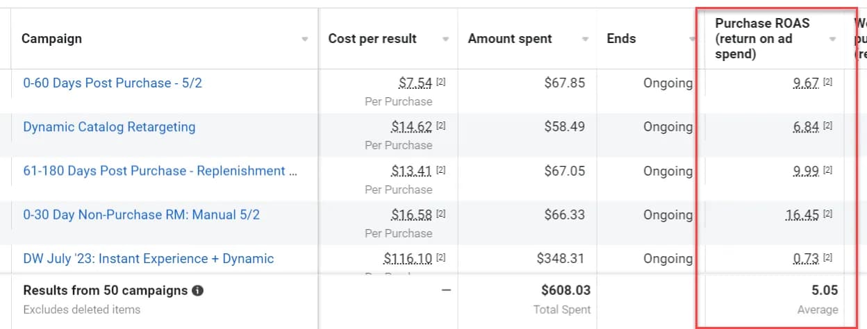 Meta Ads Purchase ROAS screenshot