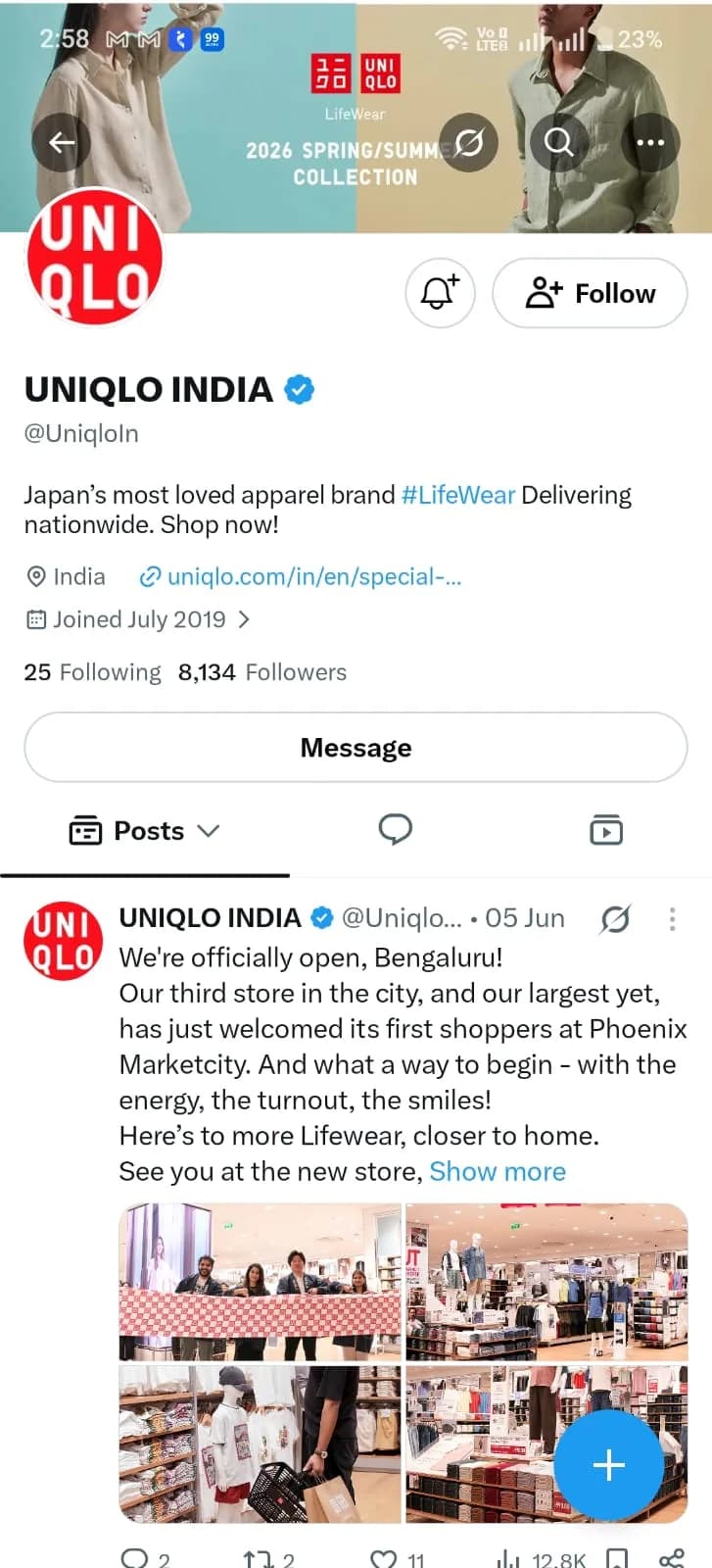 UNIQLO India X profile screenshot