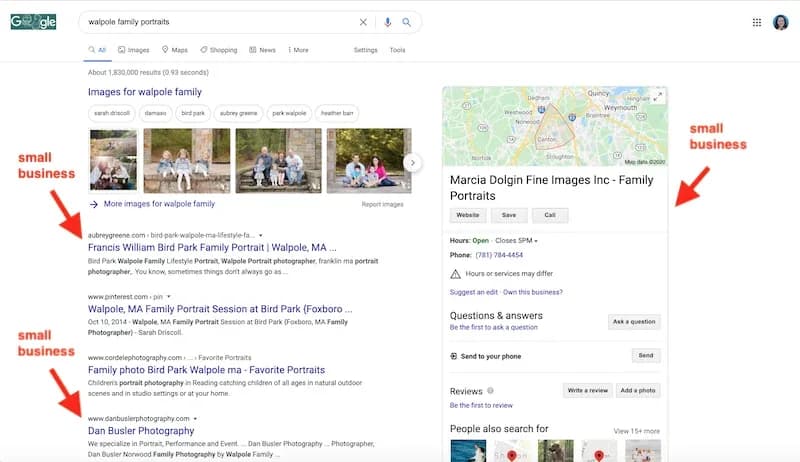 Small business search results example